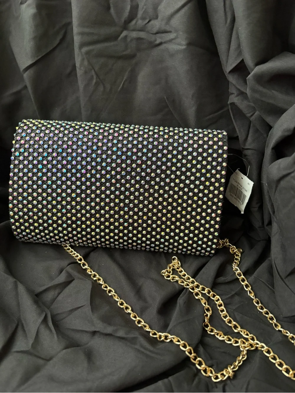 NWT Iridescent Crystal-Studded Black Envelope Clutch with Gold Chain